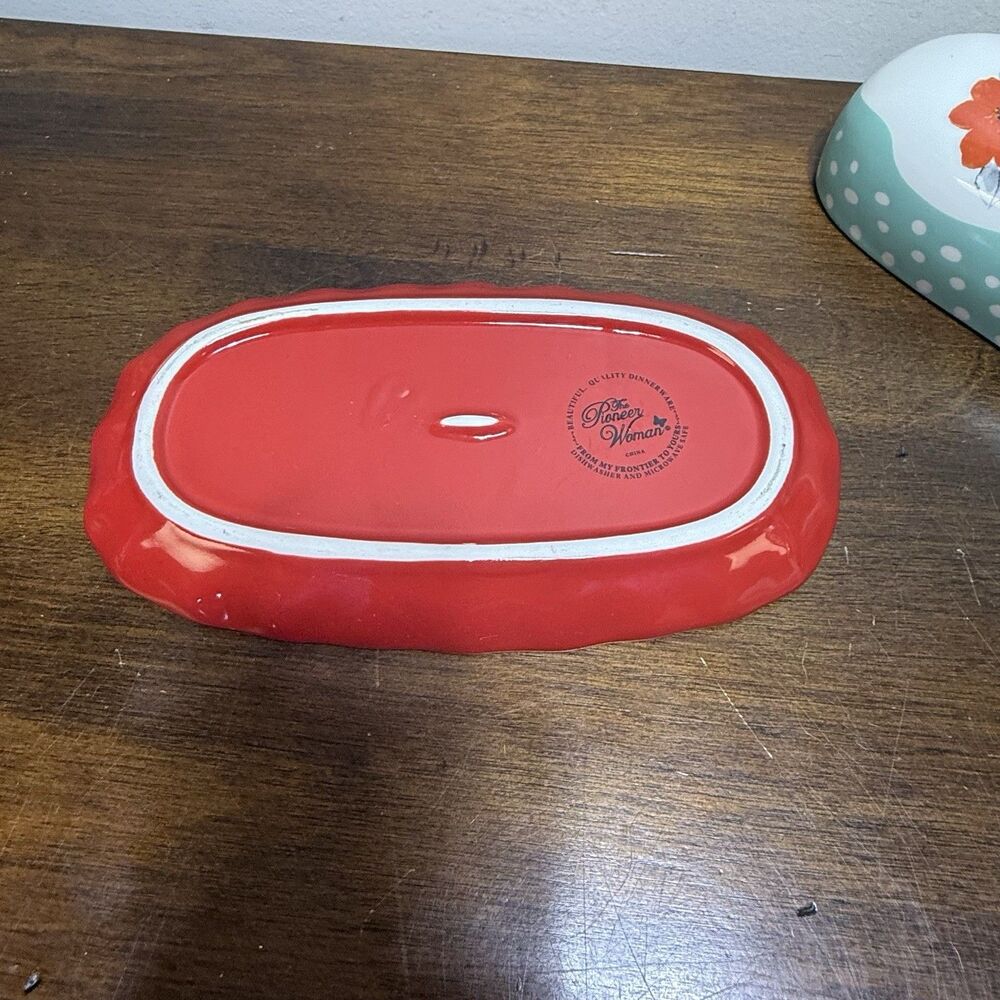 Pioneer Woman Flea Market Floral Red Covered Butter Dish Butterfly Handle 6.4" - Picture 6 of 8